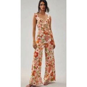 Anthropologie Elliatt Heliconia Red Motif Floral Strap Lined Ruffle Jumpsuit S